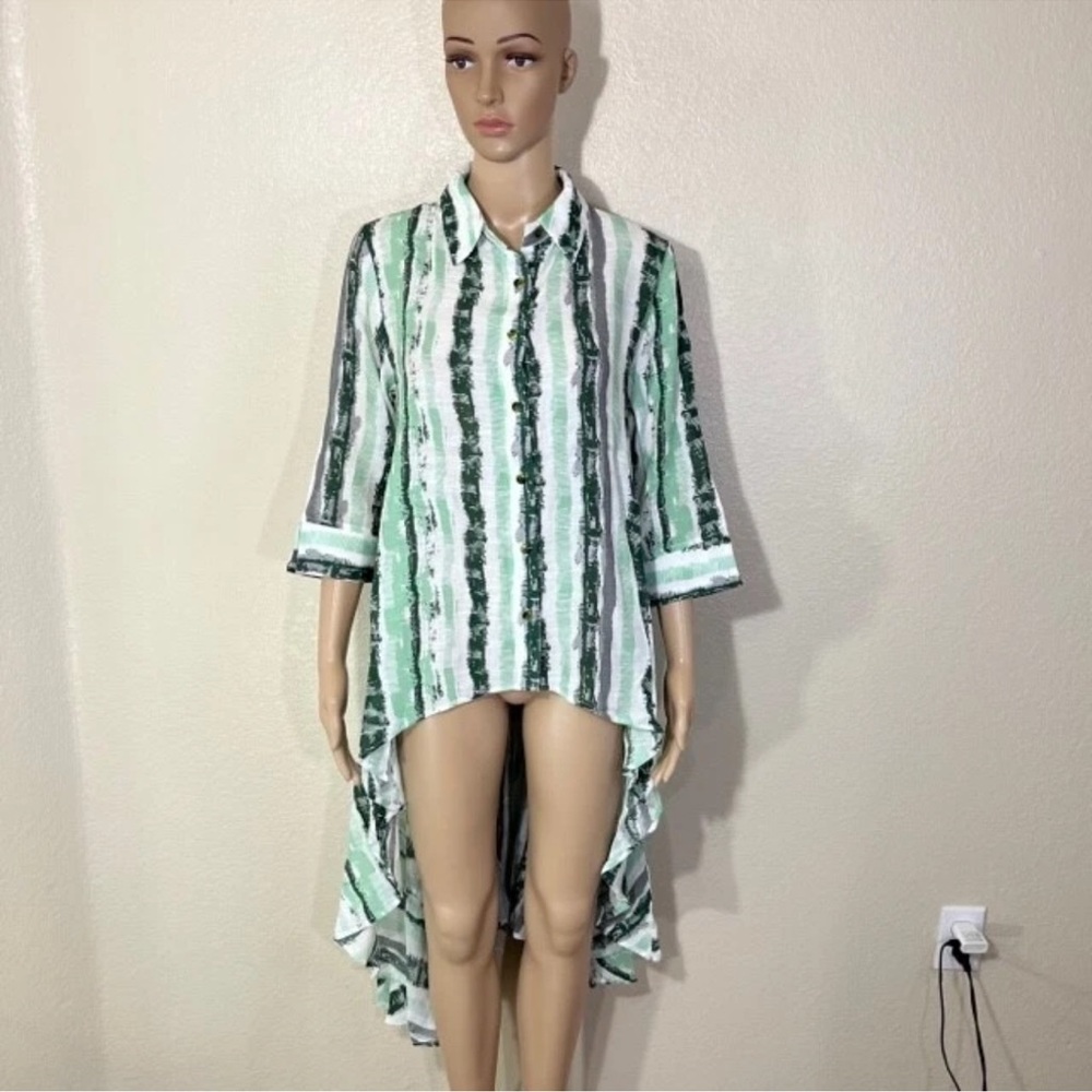 Patrizia Luca Women's High Low Blouse Long Sleeve Shirtdress Button Green M - Picture 2 of 5